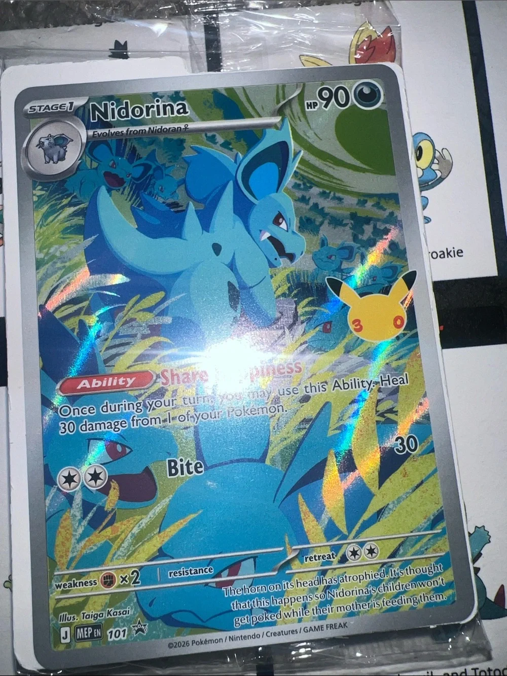 Pokemon Nidorina Holographic Card - Blue & Yellow